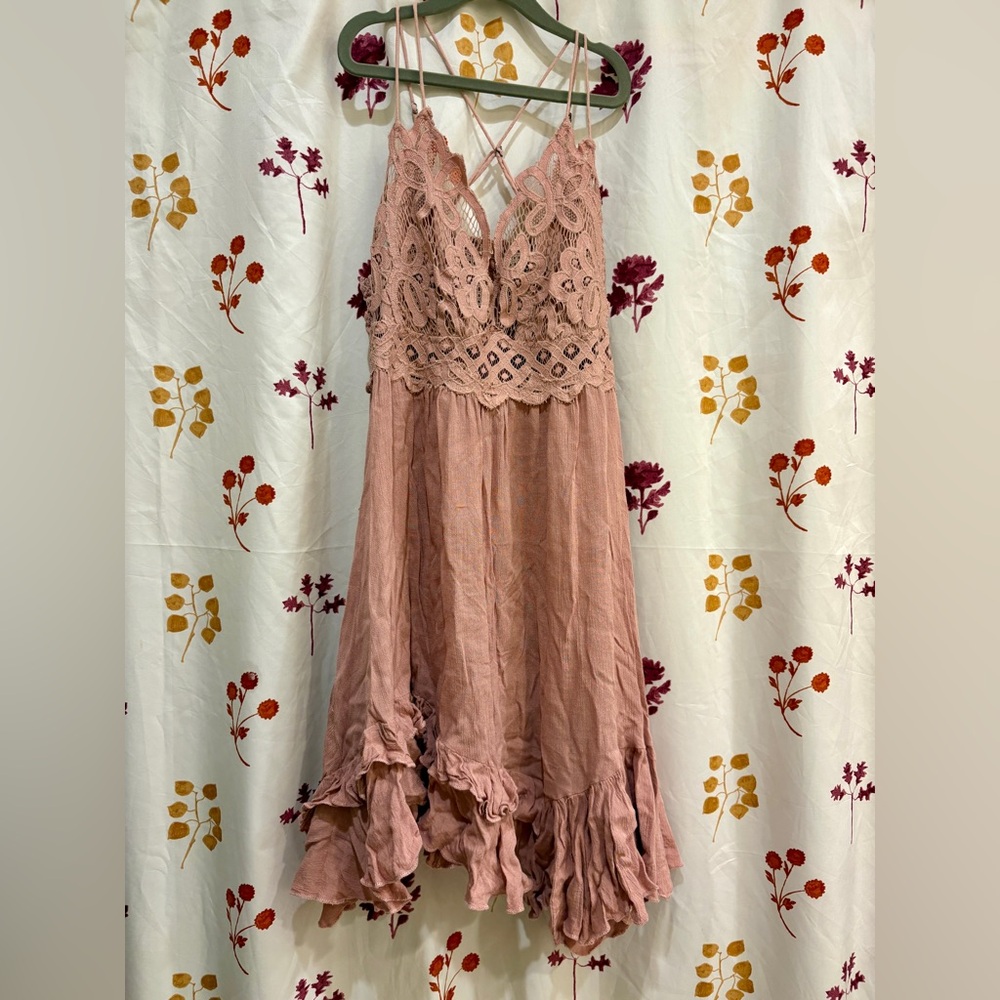 Free People Ruffled Lace Mini Dress in Rose